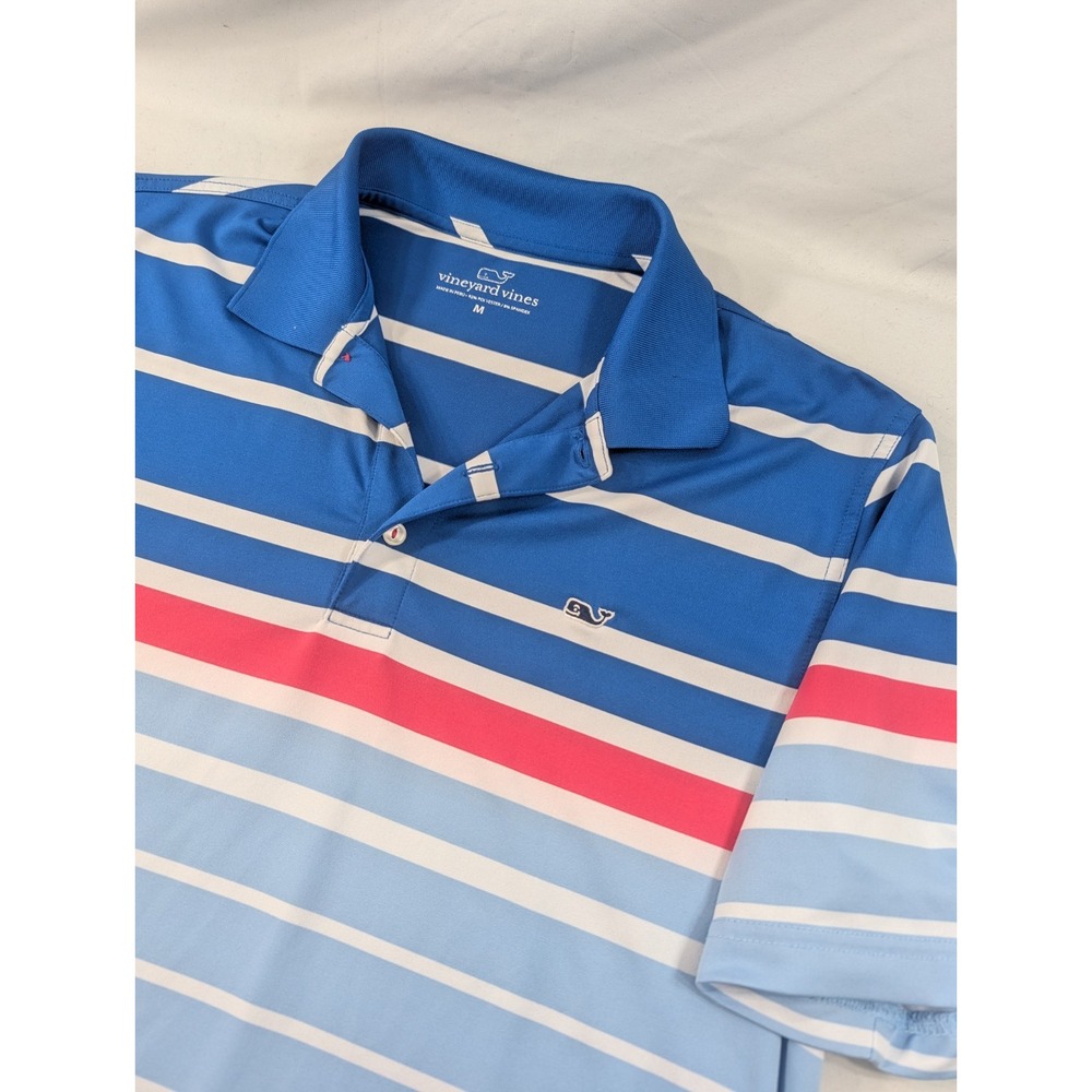 Vineyard Vines Stripe Performance Polo Men's Medium Pink Blue Stripe Stretch